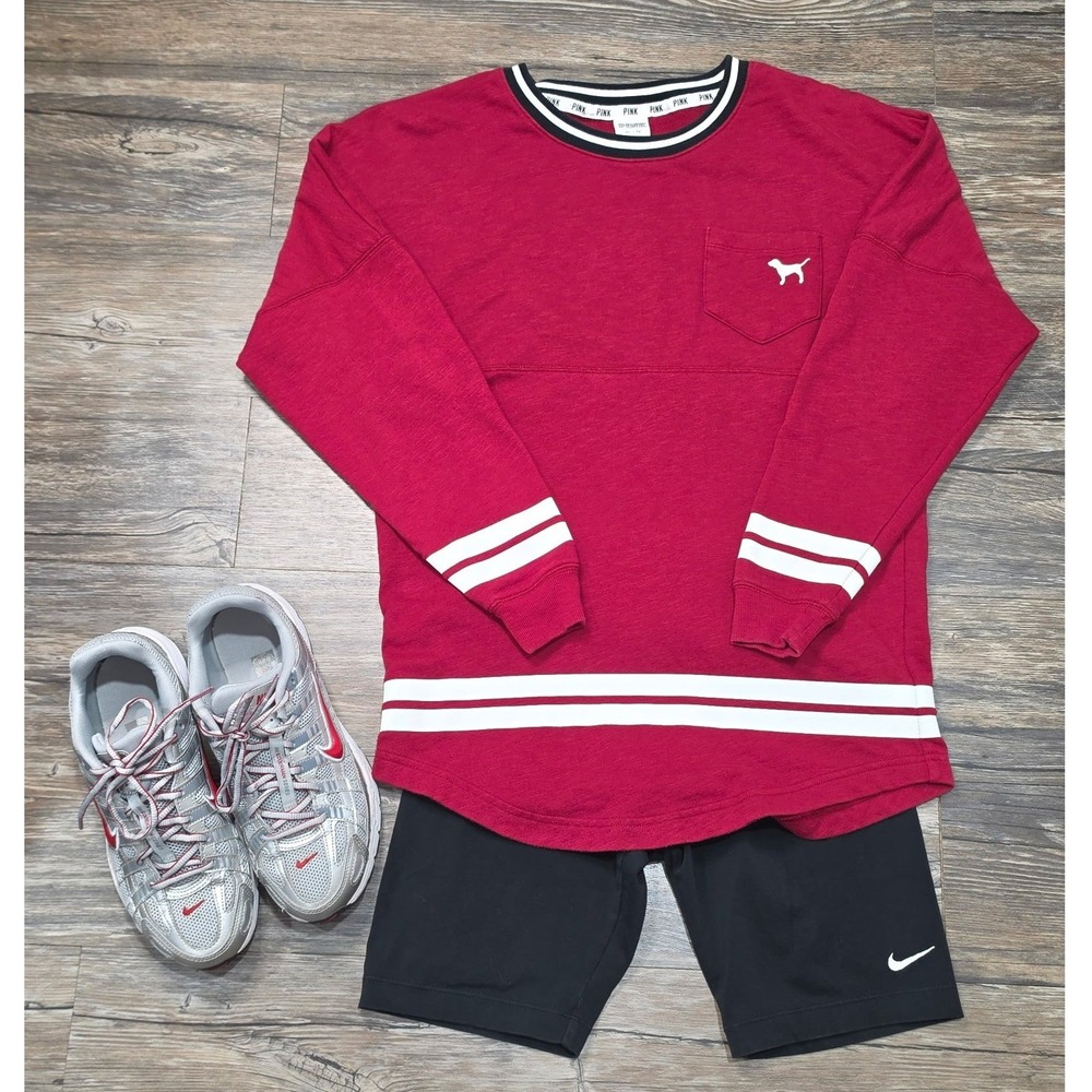 Victoria's Secret PINK Varsity Spirit Jersey Red Long Sleeve Pocket Tee XS